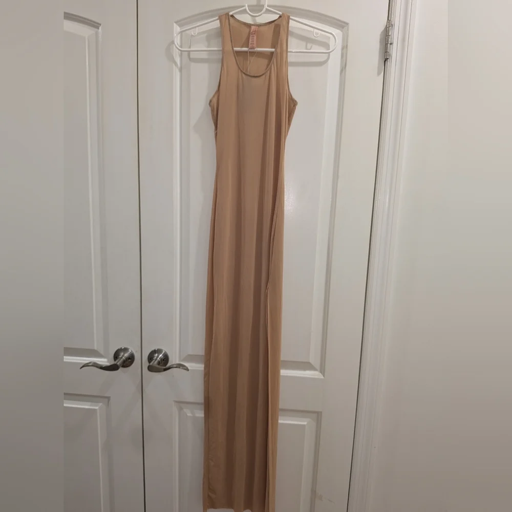 2. NWT SKIMS MESH LONG TANK DRESS IN OCHRE